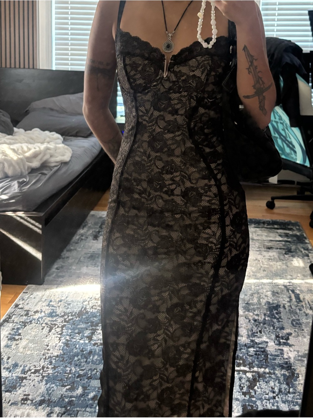 Black Lace Midi Body-con Dress with Floral Overlay